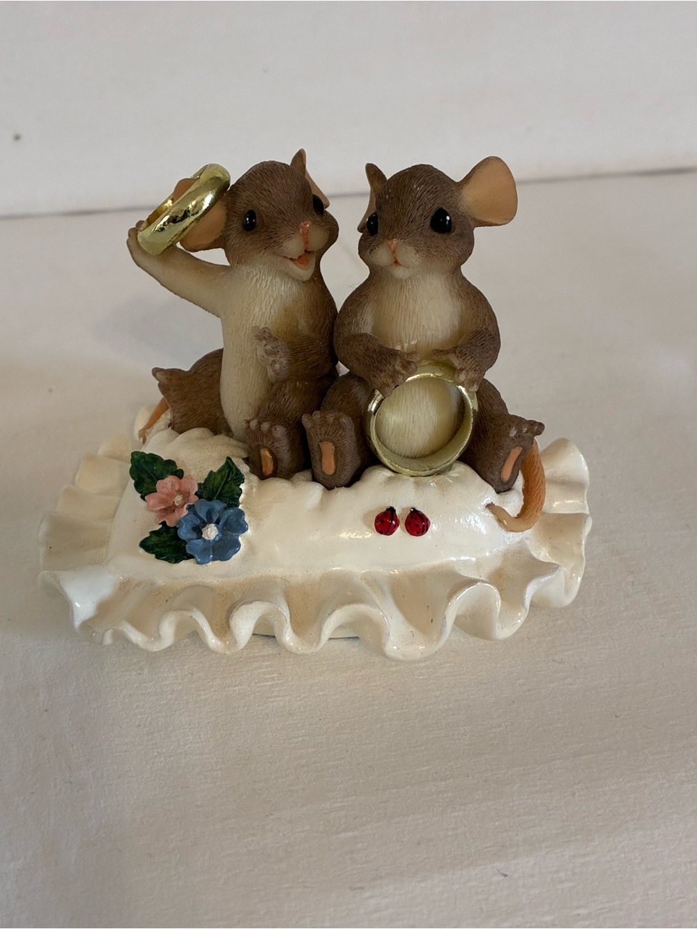 Ceramic Brown Mouse Couple Figurine with Gold Rings Halo Love Charming Tails